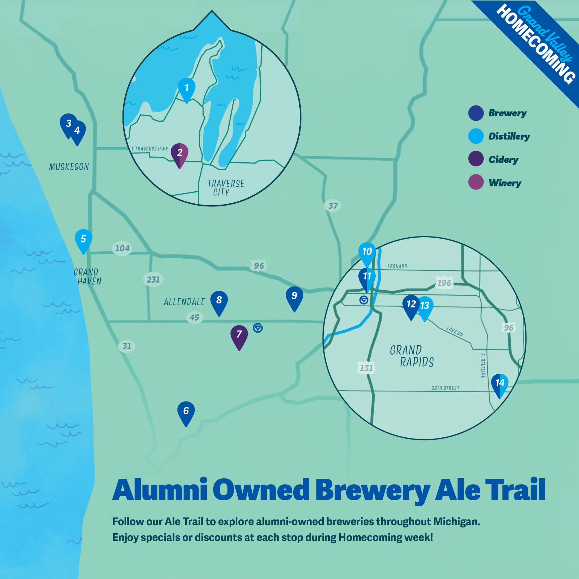 Follow our Ale Trail to explore alumni-owned breweries throughout West Michigan. Enjoy specials or discounts at each spot during Homecoming week!